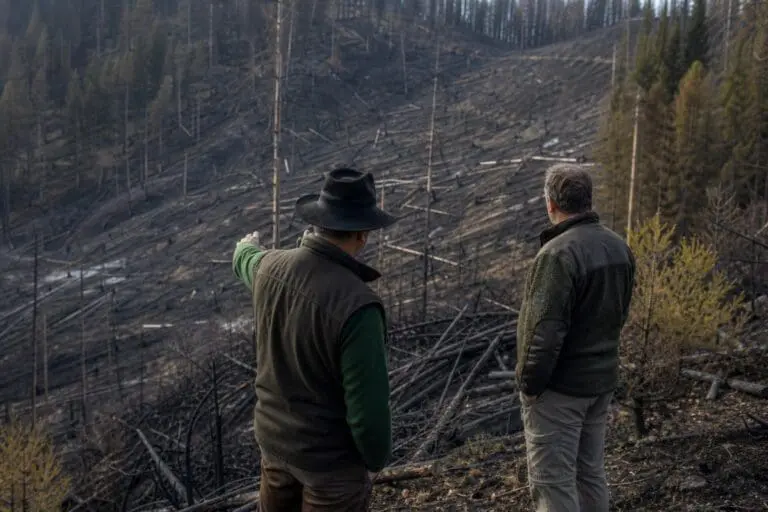Zwei Männer stehen mit dem Rücken zur Kamera vor einer verkohlten Waldlandschaft, einer zeigt auf die Brandfläche.