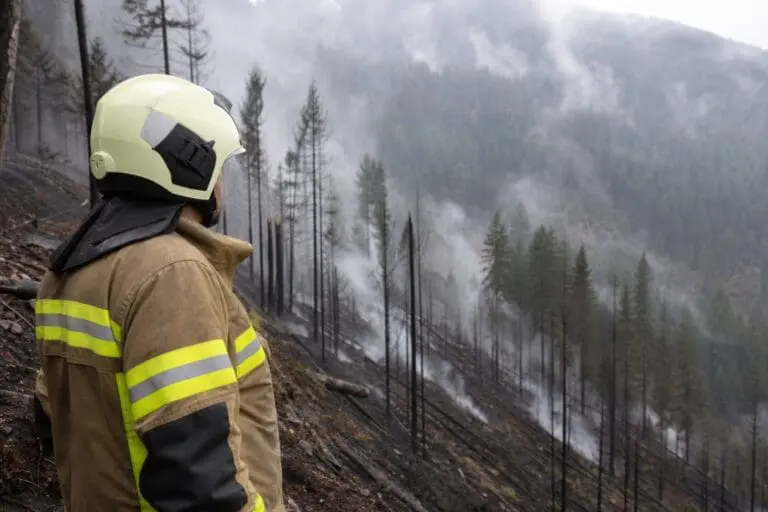 Feuerwehrmann in Schutzkleidung blickt auf verrauchten, abgebrannten Waldhang im Nebel
