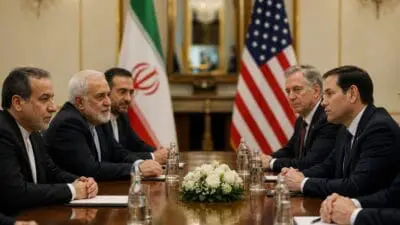 Iranische und amerikanische Diplomaten sitzen an einem Konferenztisch mit Flaggen im Hintergrund