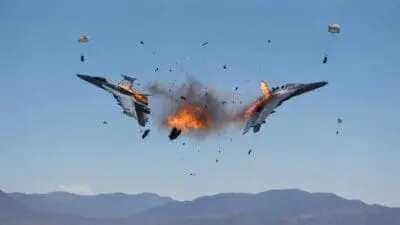 Zwei Kampfjets kollidieren in der Luft mit Feuer und Rauch, Piloten springen mit Fallschirmen ab vor Berglandschaft