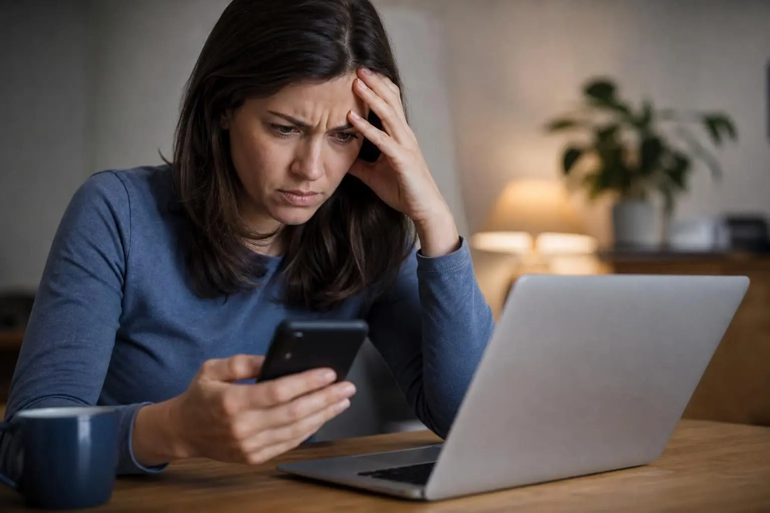 Besorgte Frau mit dunklen Haaren hält Smartphone und blickt auf Laptop am Tisch
