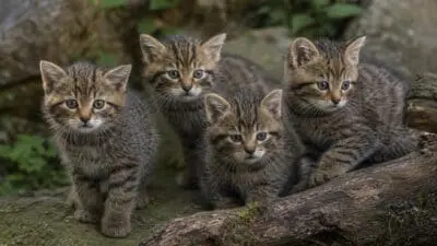 Vier gestreifte Wildkatzenjunge sitzen auf einem Felsen und einem Holzstamm.