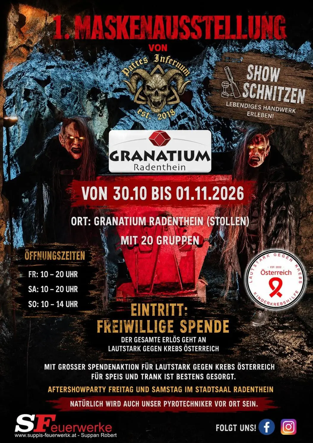 Veranstaltungsplakat zur Maskenausstellung im Granatium Radenthein mit gruseligen Maskenmotiven.