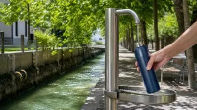 Eine Hand füllt eine blaue Trinkflasche an einer Edelstahl-Trinkstation neben einem Kanal.