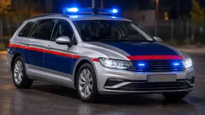 KI-Symbolbild: Ein silberner Kombi mit blauen Leuchten steht auf einer nassen Straße.