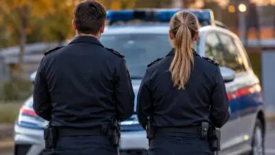 KI-Symbolbild: Uniformierte Personen stehen vor einem silbernen Fahrzeug mit blauem Lichtbalken.