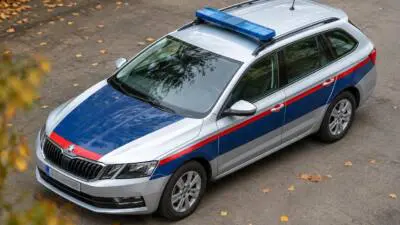 KI-Symbolbild: Ein silberner Kombi mit blau-roter Beklebung und Blaulichtbalken auf einer Straße.