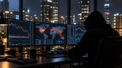 KI-generiertes Bild: Eine Person mit Kapuze sitzt an einem Schreibtisch vor Monitoren mit Diagrammen und einer Weltkarte.