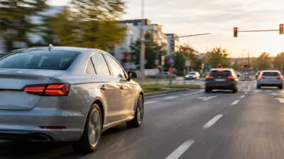 KI-generiertes Bild: Ein silbernes Auto auf einer mehrspurigen Stadtstraße mit roten Ampeln.