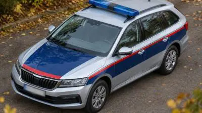 KI-Symbolbild: Ein silberner Kombi mit blau-roten Streifen und blauem Dachlicht.