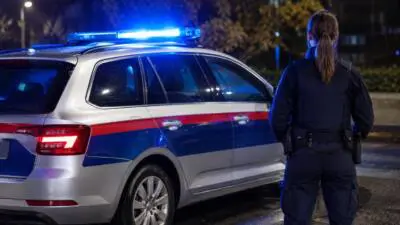 KI-Symbolbild: Ein silberner Kombi mit Blaulicht steht neben einer Person in dunkler Uniform.