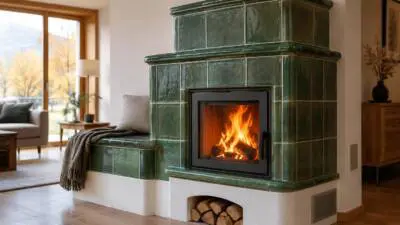Grüner Kachelofen mit sichtbarem Feuer in einem hellen Wohnraum.