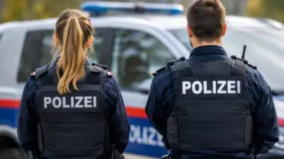 KI-generiertes Bild: Polizeikräfte stehen vor einem Polizeiauto.