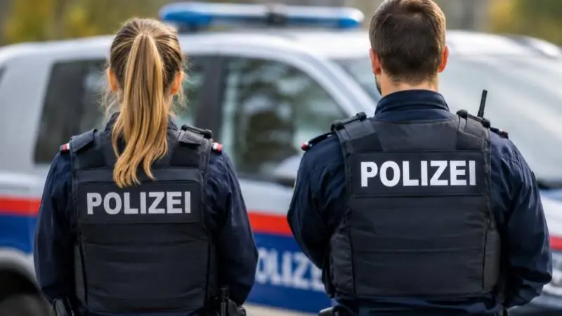 KI-generiertes Bild: Polizeikräfte stehen vor einem Polizeiauto.