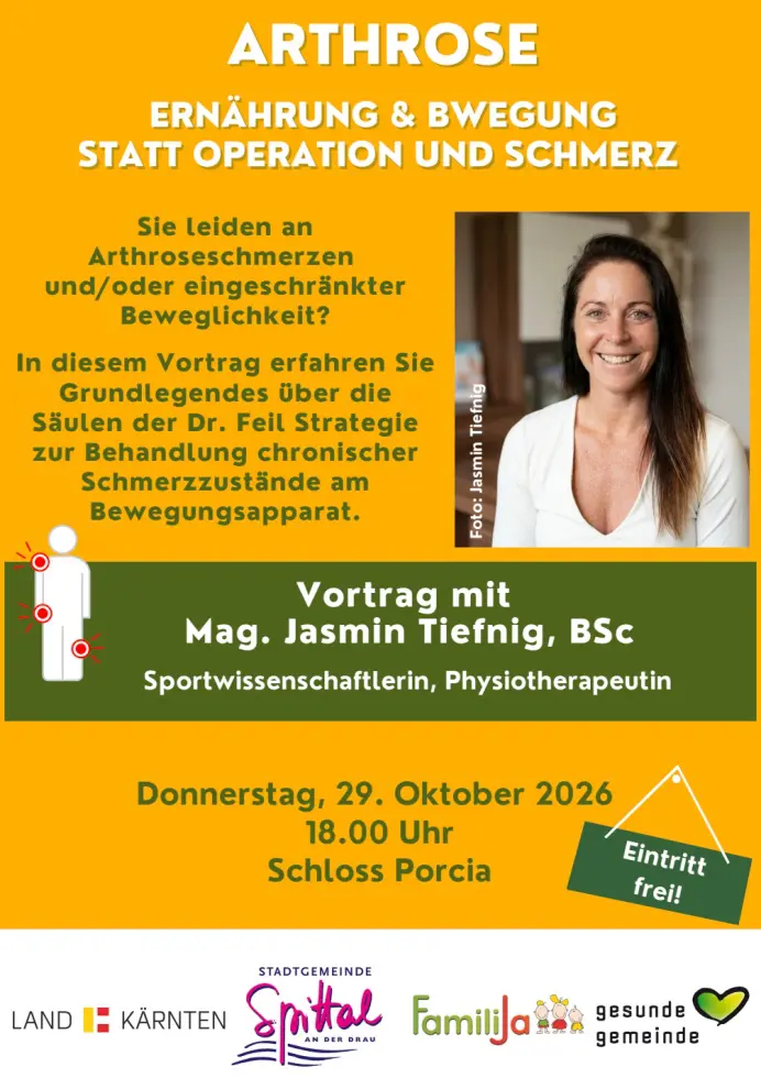 Veranstaltungsplakat zu Arthrose mit Porträt von Jasmin Tiefnig und Vortragstermin in Spittal