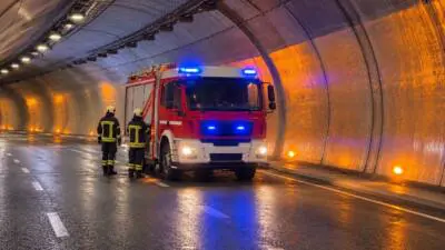Feuerwehrleute stehen neben einem Einsatzfahrzeug in einem beleuchteten Straßentunnel.