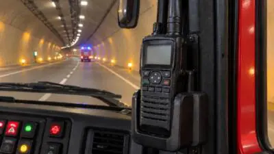 Blick aus einem Einsatzfahrzeug auf ein Fahrzeug mit Blaulicht in einem Tunnel