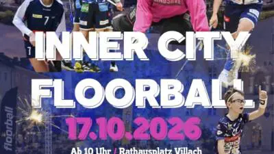 Unihockey-Flyer für „Inner City Floorball“ mit Spielern, Villacher Stadtansicht und Veranstaltungsdaten