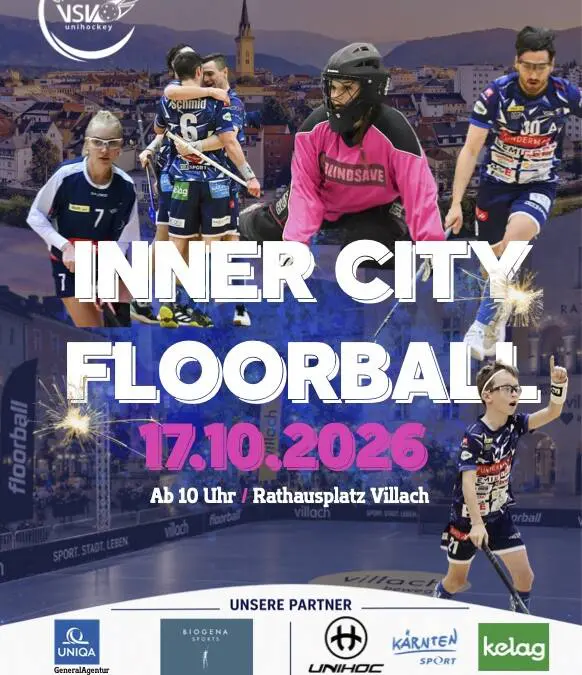 Unihockey-Flyer für „Inner City Floorball“ mit Spielern, Villacher Stadtansicht und Veranstaltungsdaten