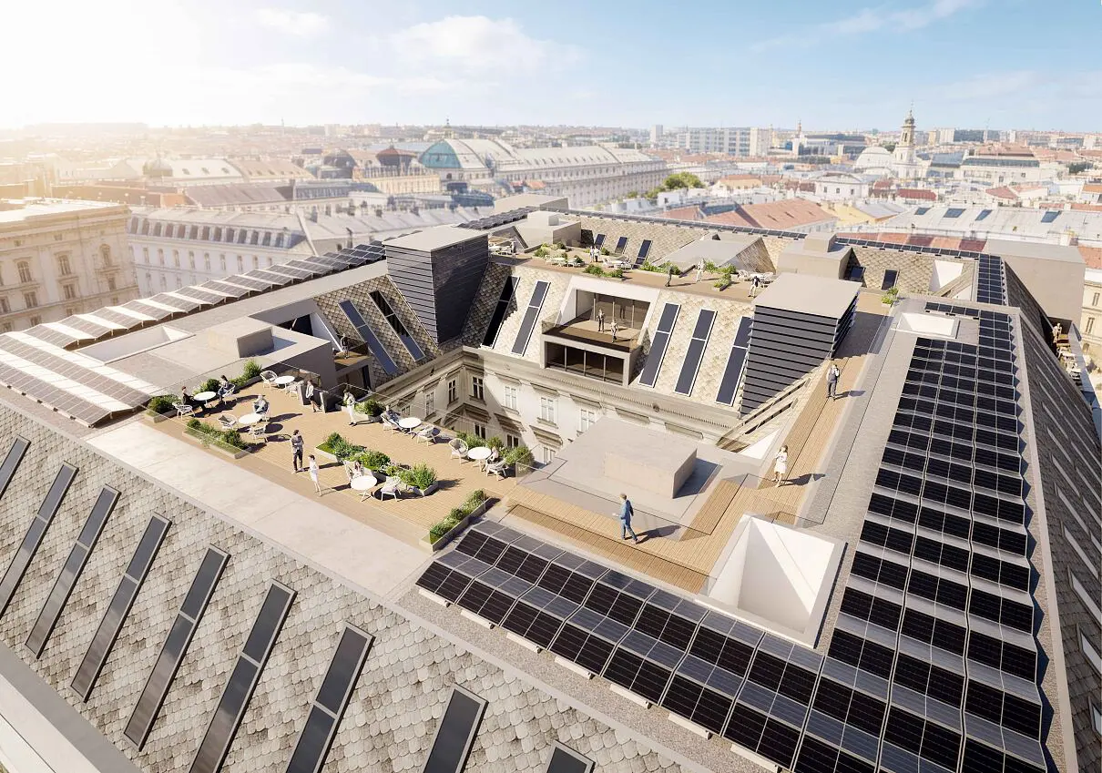 Visualisierung des Schillerhofs mit Dachterrassen und Solarmodulen in Wien