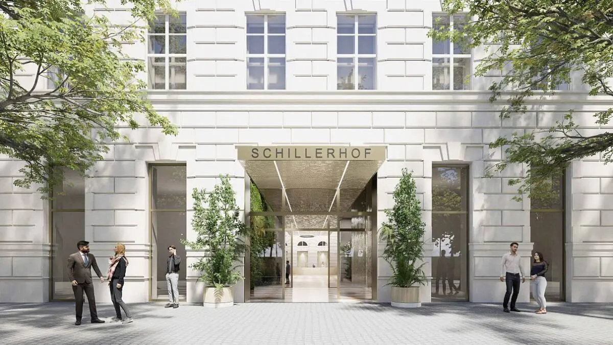 Visualisierung des Schillerhof-Eingangs mit heller Fassade und begrüntem Vorplatz.