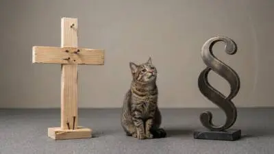 Eine getigerte Katze sitzt zwischen einem Holzkreuz mit Nägeln und einem Paragraphenzeichen.