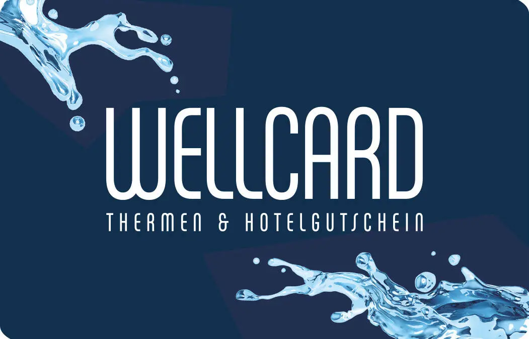 Das WellCard-Logo steht zwischen zwei stilisierten Wasserspritzern auf dunkelblauem Hintergrund.