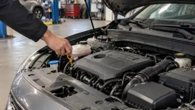 Eine Hand zieht den gelben Peilstab aus dem Motorraum eines grauen Autos in einer Werkstatt.