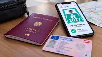 KI-generiertes Bild: Reisepass, Führerschein und digitale Vignette stehen im Mittelpunkt der österreichischen Preise für 2027.