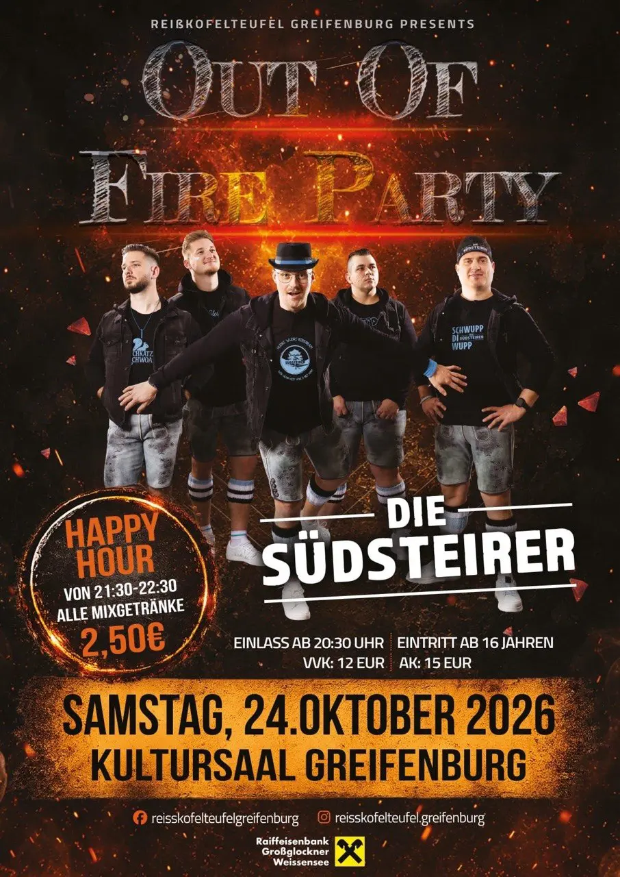 Plakat zur Out of Fire Party mit der Band Die Südsteirer