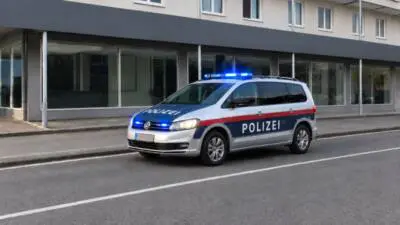 Ein silberner Van mit Blaulicht vor einem modernen Gebäude