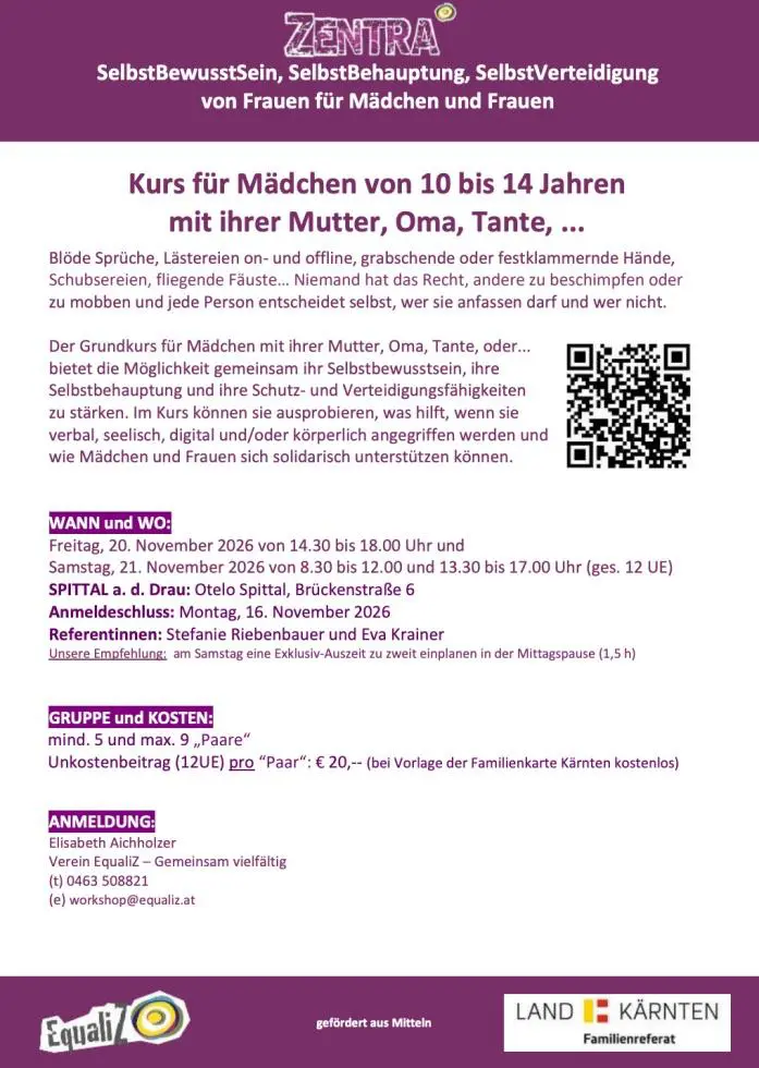 Flyer für einen Selbstverteidigungskurs für Mädchen von 10 bis 14 Jahren