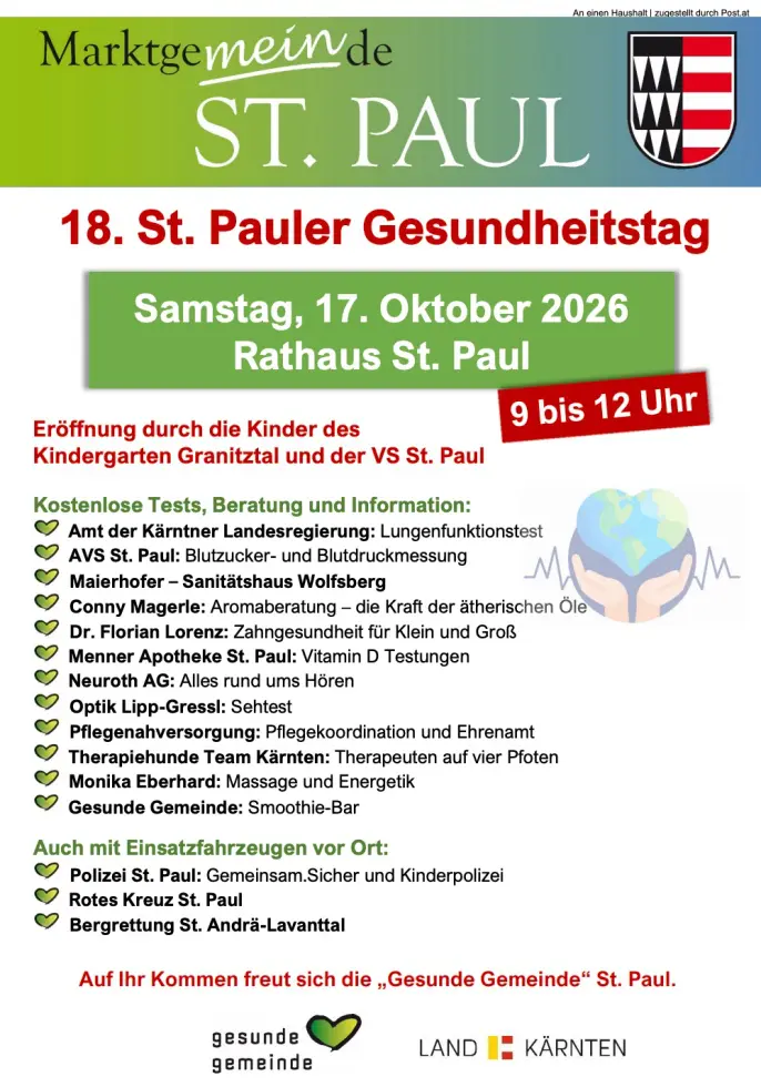 Flyer zum 18. St. Pauler Gesundheitstag mit Termin und Testangeboten
