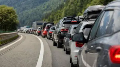 KI-generiertes Bild: Autos stehen auf einer kurvigen Straße vor bewaldeten Bergen.