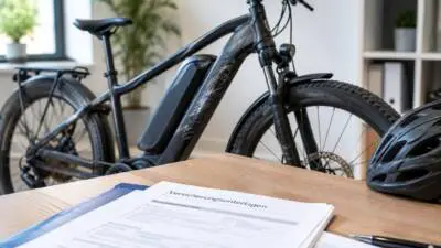 Ein Elektrofahrrad und Fahrradhelm stehen hinter ausgelegten Versicherungsunterlagen auf einem Tisch.
