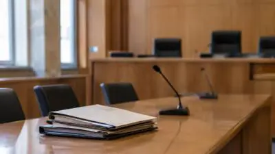 KI-generiertes Bild: Aktenstapel und Mikrofone auf einem Tisch im Gerichtssaal.