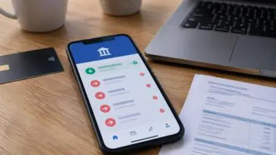 KI-generiertes Bild: Ein Smartphone mit schematischer Banking-Oberfläche liegt neben einer Karte, einem Laptop und Unterlagen auf einem Holztisch.