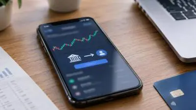 KI-Symbolbild: Ein Smartphone mit Finanzgrafik und Bank-Symbolen liegt auf einem Holztisch neben Laptop und Bankkarte.