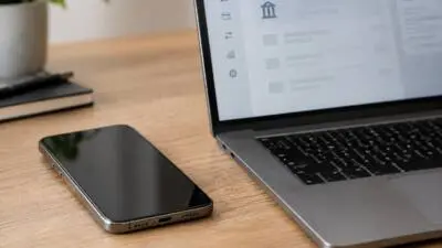 Schwarzes Smartphone und Laptop mit unscharfer Bankoberfläche auf einem Holztisch