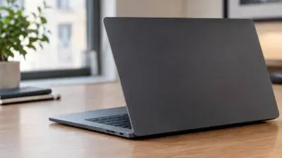 KI-Symbolbild: Ein dunkelgrauer Laptop steht geöffnet auf einem Holztisch.