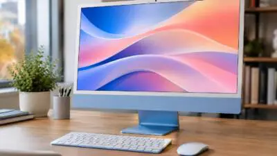 KI-Symbolbild: Ein blauer All-in-One-Computer mit Tastatur und Maus auf einem Schreibtisch.