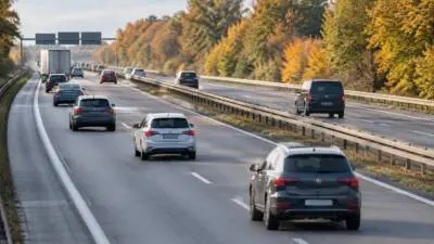 KI-Symbolbild: Fahrzeuge fahren auf einer herbstlich gesäumten Autobahn.