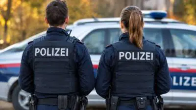 KI-generiertes Bild: Polizeikräfte in dunklen Uniformen stehen vor einem Streifenwagen.