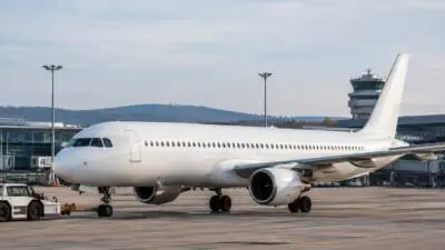 KI-Symbolbild: Ein weißes Passagierflugzeug steht auf einem Flughafenvorfeld.