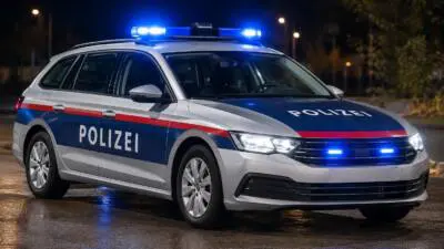 KI-generiertes Bild: Ein weiß-blaues Polizeiauto mit eingeschaltetem Blaulicht auf einer nassen Straße.