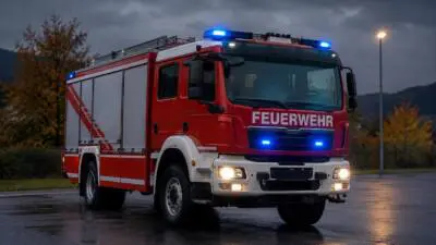 KI-Symbolbild: Ein roter Feuerwehr-Lkw mit Blaulicht steht auf einer nassen Straße.