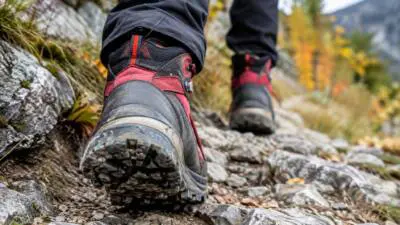 KI-Symbolbild: Rote und schwarze Wanderschuhe auf einem steinigen Bergpfad.