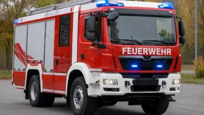 KI-Symbolbild: Ein rotes Feuerwehrfahrzeug mit Blaulicht steht auf einer Straße.
