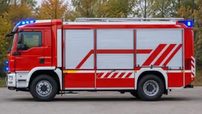 KI-generiertes Bild: Ein rotes Einsatzfahrzeug mit silbernen Seitenfächern steht vor Bäumen.