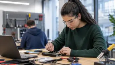 KI-Symbolbild: Eine Frau mit Schutzbrille arbeitet an einer Platine in einer Werkstatt.